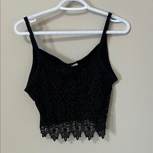 Y2K 90’s Sexy Black Crop Top with Rosette Lace Overlay Boho Festival Size M